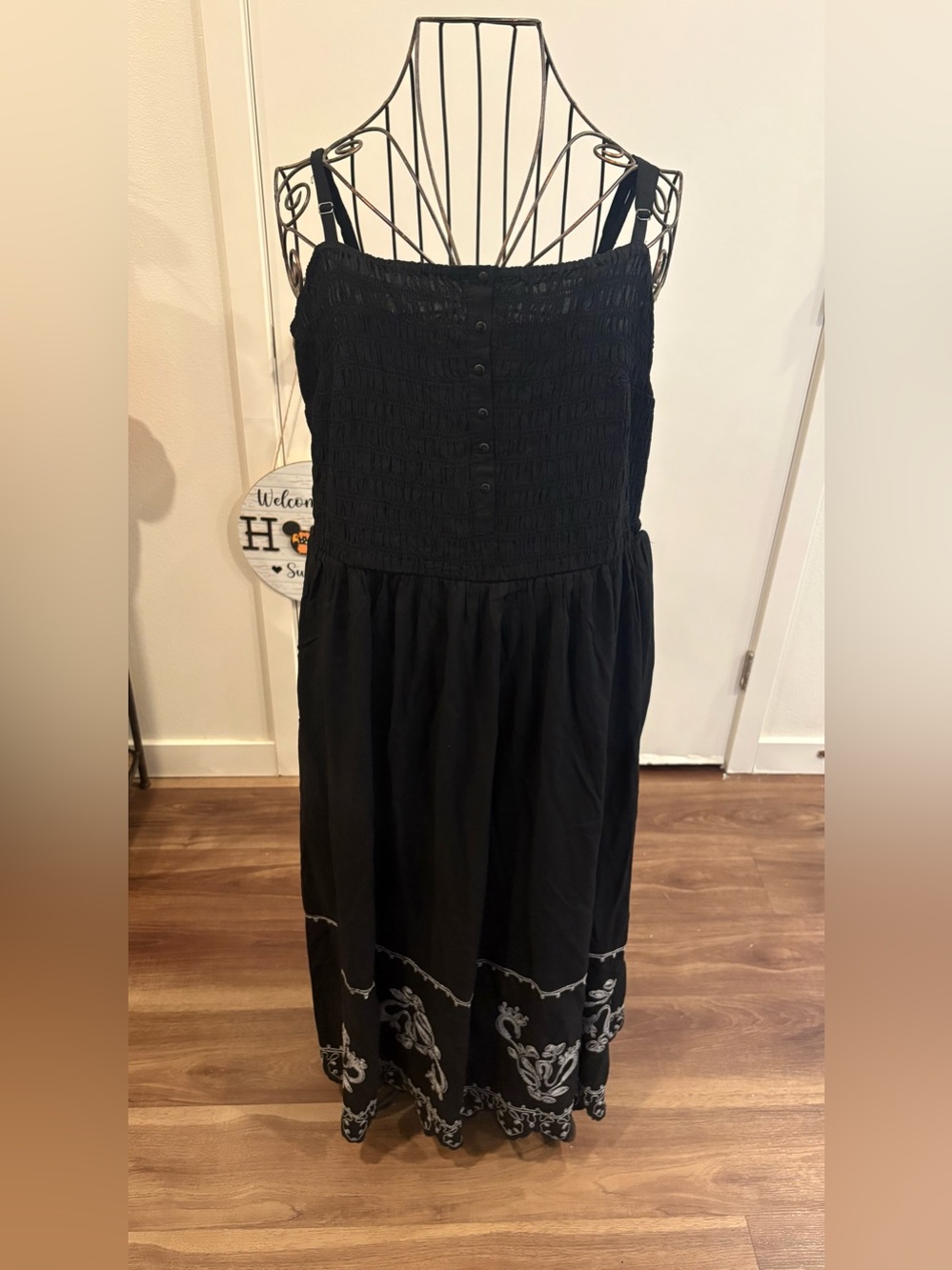 Universal Thread Black Smocked Maxi Dress with Embroidered Hem